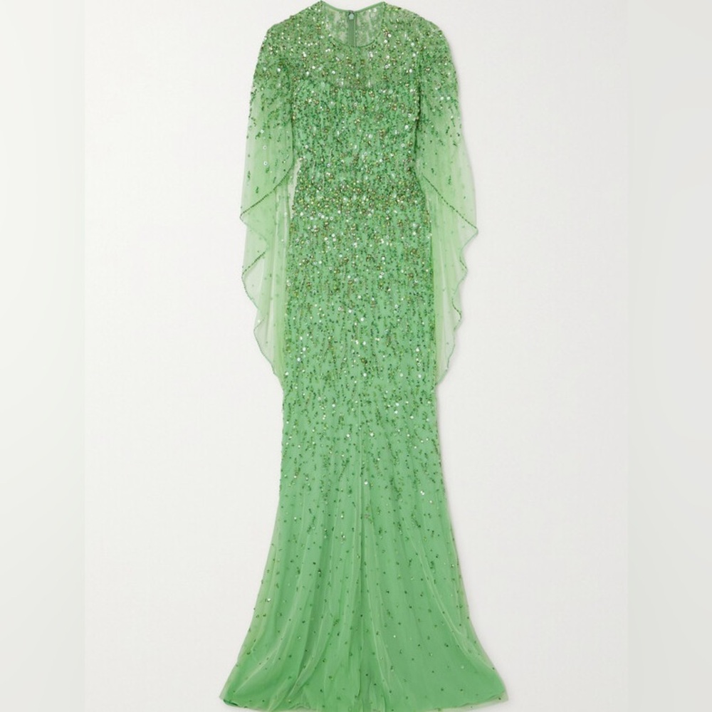 Jenny Packham Delphine Cape-effect Embellished Tulle Gown - Green